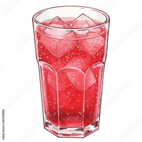 Refreshing red drink with ice cubes in a tall glass illustration, perfect for quenching your thirst on a hot day, a vibrant and cool beverage