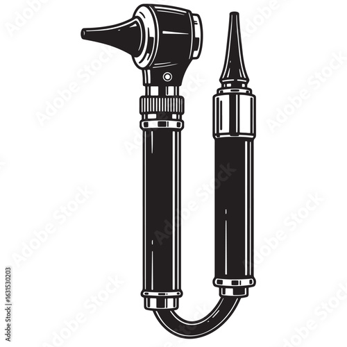 Detailed black and white illustration of an otoscope medical diagnostic instrument