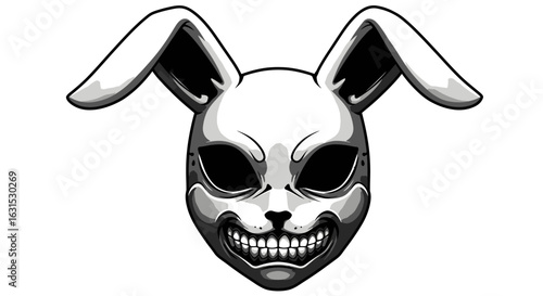 Sinister rabbit mask with a terrifying grin, monochrome vector horror illustration