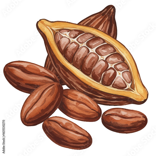 Watercolor illustration showcases an open cocoa pod revealing beans alongside scattered cocoa beans, creating a rich natural aesthetic for culinary design