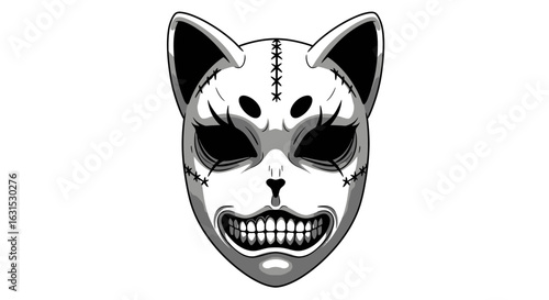 Haunting illustration of a stitched horror cat mask. Creepy feline monster with a menacing grin and empty eyes on a white background.
