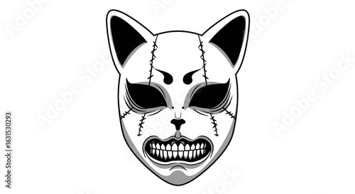Angry feline spirit mask with menacing teeth and scars. A dark fantasy vector art design effect.