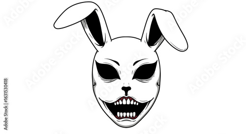 Creepy rabbit mask with a sinister grin. Scary bunny horror graphic vector illustration.