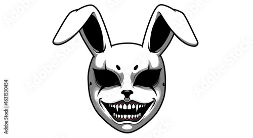Creepy rabbit mask illustration with stitches and a terrifying grin. A scary bunny mask concept for horror or Halloween themes.