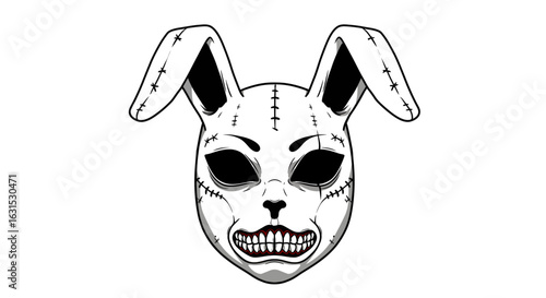 Creepy rabbit mask illustration with stitches, a scary horror concept for a dark mascot or Halloween.