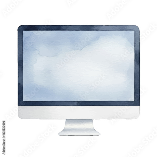 Minimalist watercolor illustration of a desktop computer displaying a serene blue and white screen, conveying technology and simplicity