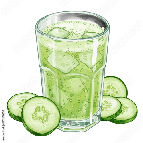 Refreshing cucumber juice with ice cubes in a glass surrounded by cucumber slices, creating a healthy and vibrant summer drink illustration