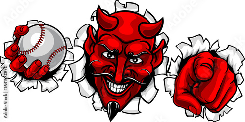 A devil man holding baseball ball and breaking through the background pointing sports team mascot illustration.