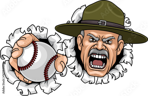 An angry drill instructor or sergeant bootcamp army soldier cartoon character holding baseball ball sports team mascot illustration.