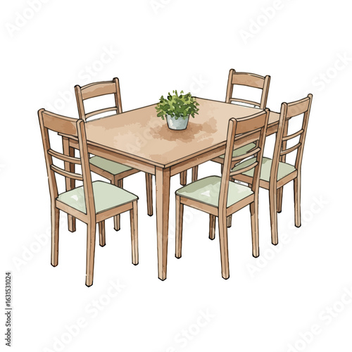 Illustration of a Dining Room Set with a Table, Five Chairs, and a Potted Plant for a Cozy Home Interior Design Concept