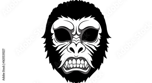 Monochrome vector illustration of a furious gorilla face with bared teeth. Fierce ape mask.