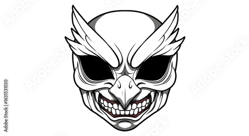 Vector illustration of a scary owl demon mask with a wide, toothy grin. Black and white graphic of a mythical avian creature head for a mascot or emblem.