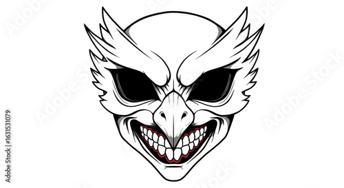 Fierce demonic mask with winged eyes and a sinister toothy grin. Monochrome vector illustration for a mascot or emblem.