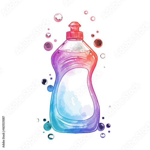 Watercolor Style Illustration of a Dish Soap Bottle with Bubbles and a Gradient Effect from Blue to Red