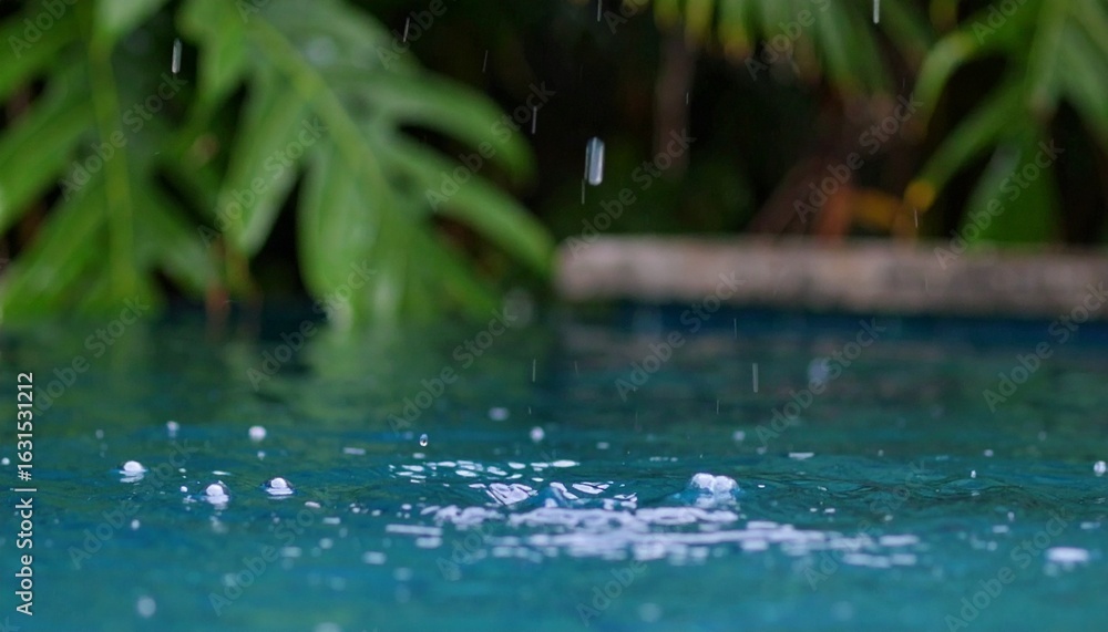 Fototapeta premium Water Droplets Falling on Blue Pool with Green Tropical Leaves