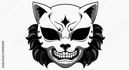 Monochrome illustration of a demonic cat mask with a sinister grin. Mythical folklore creature concept with shaggy black fur.