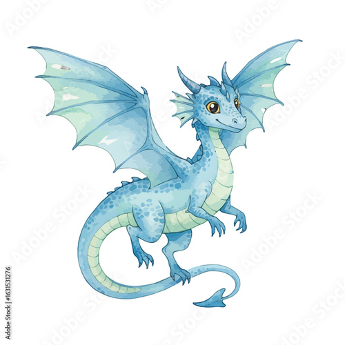 Adorable blue dragon with spread wings, small horns, and green details in a watercolor illustration style on a white background