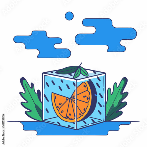 Glass of iced drink with orange slice and green leaves in minimal blue-toned composition, suggesting freshness and summer beverage concept.
