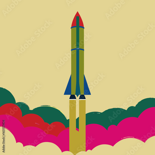 Colorful rocket launching into the sky with vibrant smoke trail against beige background, symbolizing innovation, science, and exploration.
