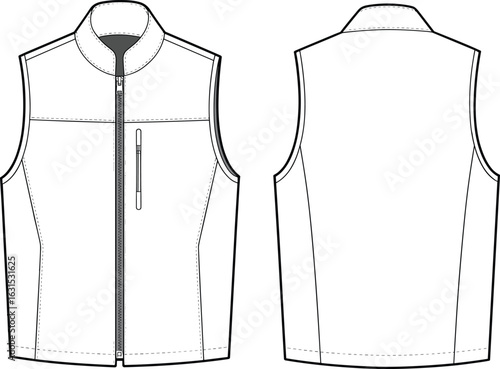 Sleeveless vest technical drawing, front and back view, high collar zipper design, fashion flat sketch, garment construction template, apparel outline, isolated vector illustration.