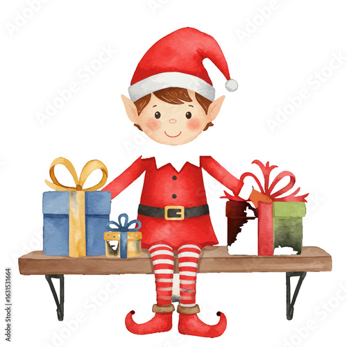 Adorable Christmas Elf Illustration Sitting on a Shelf with Presents, Featuring Classic Holiday Colors and Festive Details
