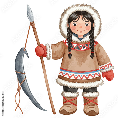Charming watercolor illustration of an Inuit girl in traditional clothing holding a spear with a fish caught on it, set against a clean background