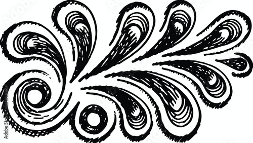 Illustration of an abstract floral design with swirling patterns and teardrop shaped elements in black ink