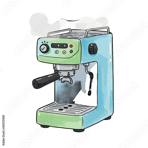 Watercolor Illustration of Espresso Machine in Blue and Green with Steam, Perfect for Coffee Lovers and Cafes