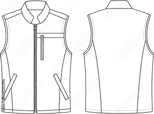 Sleeveless vest technical sketch, front and back view, high collar, zipper closure, three pocket design, fashion flat drawing, garment template, apparel outline, vector.