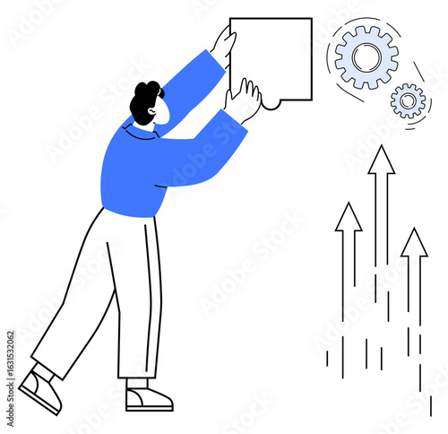 Person adjusting a blank board with gears symbolizing teamwork and mechanisms, arrows indicating growth and progress. Ideal for strategy, innovation, leadership, teamwork, success, business
