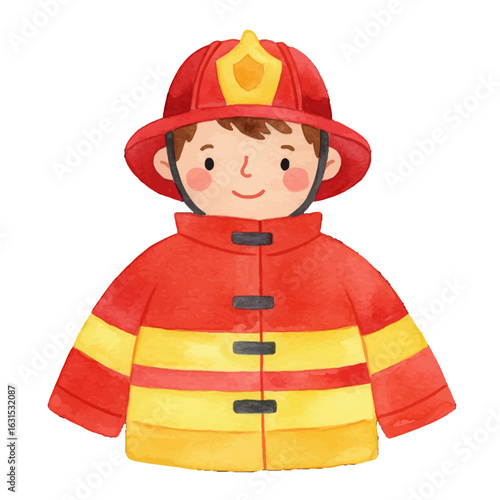 Watercolor illustration of a young boy dressed as a firefighter with a helmet and jacket, showcasing childhood dreams and community helpers