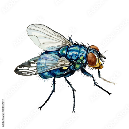 Detailed watercolor illustration of a bluebottle fly with translucent wings and hairy body, showcasing intricate anatomical details and vibrant colors