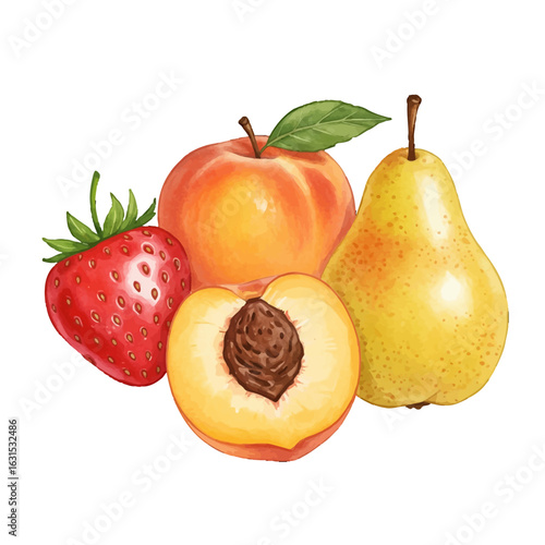 Watercolor Illustration of Summer Fruits Featuring a Strawberry, Peach, Pear, and Peach Slice for Healthy Eating