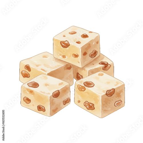 Watercolor Illustration of Stacked Fudge Cubes with Nuts, Creamy Dessert Confectionery, Sweet Treat, Handmade Candy, and Delicious Indulgence