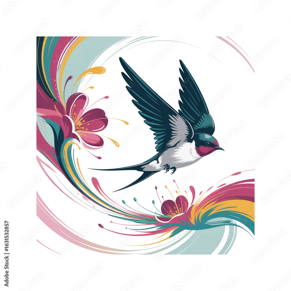Obraz premium Whimsical Swallow in Flight Amidst Abstract Floral Swirl