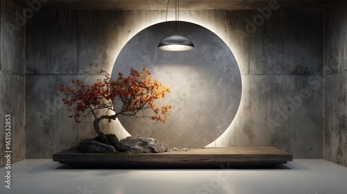 Serene minimalist Japanese interior art installation featuring a bonsai tree with delicate red orange leaves