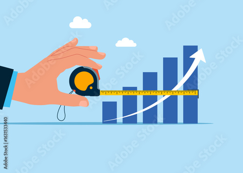 Hand hold measure tape and measure success growth graph with measuring tape. Flat vector illustration