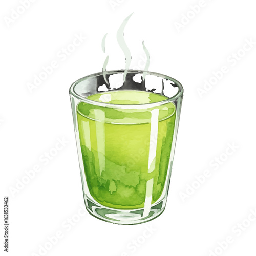 Watercolor illustration of a refreshing green juice in a glass with rising steam, showcasing vibrant colors and artistic detail, perfect for health themes.