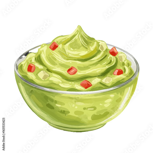 Delicious guacamole in a bowl with fresh toppings, a vibrant and appetizing illustration perfect for culinary themes and recipe designs