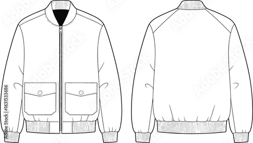 Jacket technical drawing, front and back view, fashion sketch, zipper closure, flap pockets, ribbed cuffs, ribbed waistband, plain back, garment blueprint, clothing design illustration.