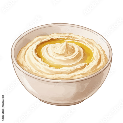 Creamy hummus in a ceramic bowl, drizzled with olive oil, presented with a watercolor style that enhances its rich texture and flavor appeal