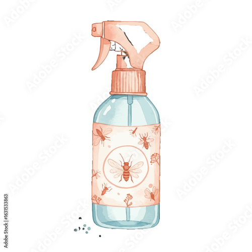 Watercolor illustration of a spray bottle with insect repellent label design featuring bee and fly illustrations, creating a natural pest control scene