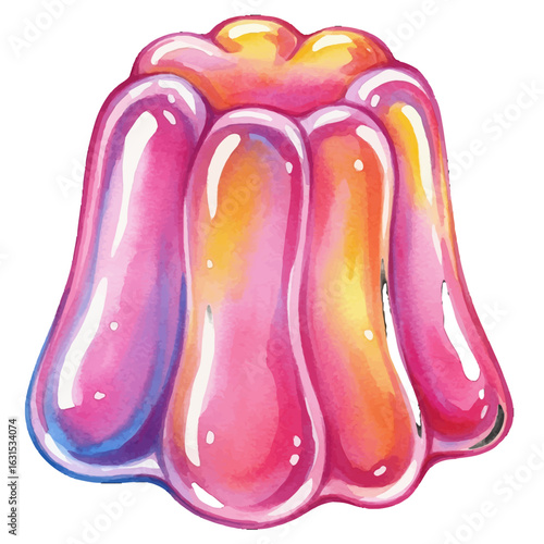 Delicious watercolor illustration of gelatin dessert with vibrant hues and glossy texture, perfect for a whimsical and sweet design element on white background