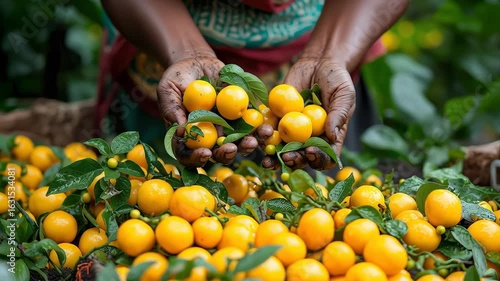 Harvesting fresh oranges in a vibrant market full of local produce