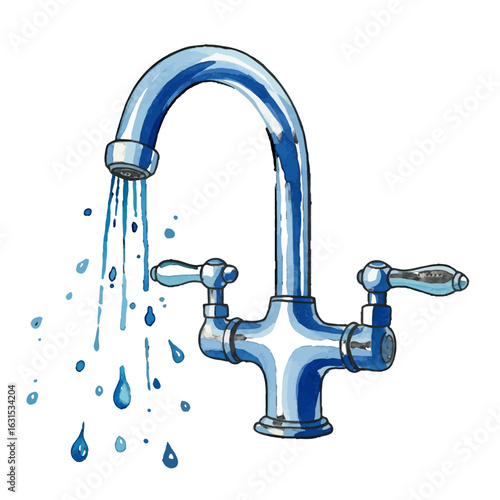 Watercolor illustration of a vintage chrome faucet with running water and scattered drops on a white background, artistic design