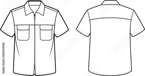 Short-sleeve shirt technical drawing, front and back view, fashion sketch, chest pockets, zipper closure, upper back seam, apparel template, clothing design illustration.