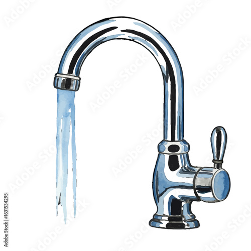 Illustration of a chrome faucet dispensing water, showcasing a blend of utility and artistic rendering with smooth textures and dynamic flow