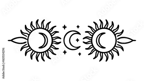 Celestial sun moon stars astrology design, boho chic mystic spiritual art and tattoo illustration vector