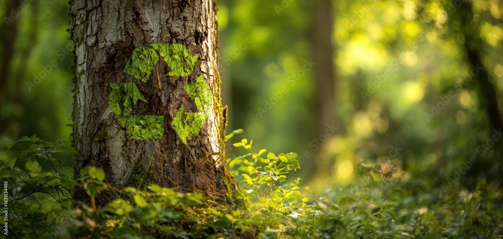 Fototapeta premium The tree showcasing a green recycling symbol in a serene forest setting.