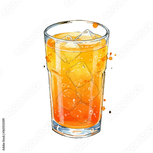 Refreshing glass of orange juice with ice cubes illustration, a vibrant and cool beverage perfect for summer refreshment and healthy lifestyle enjoyment